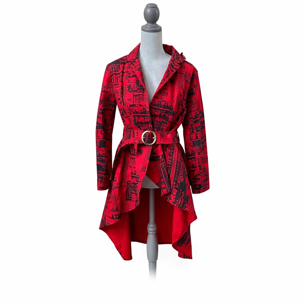 ESY Studio EY Red Black Graphic Print Belted Jacket Coat XL Waterfall Hem Like N